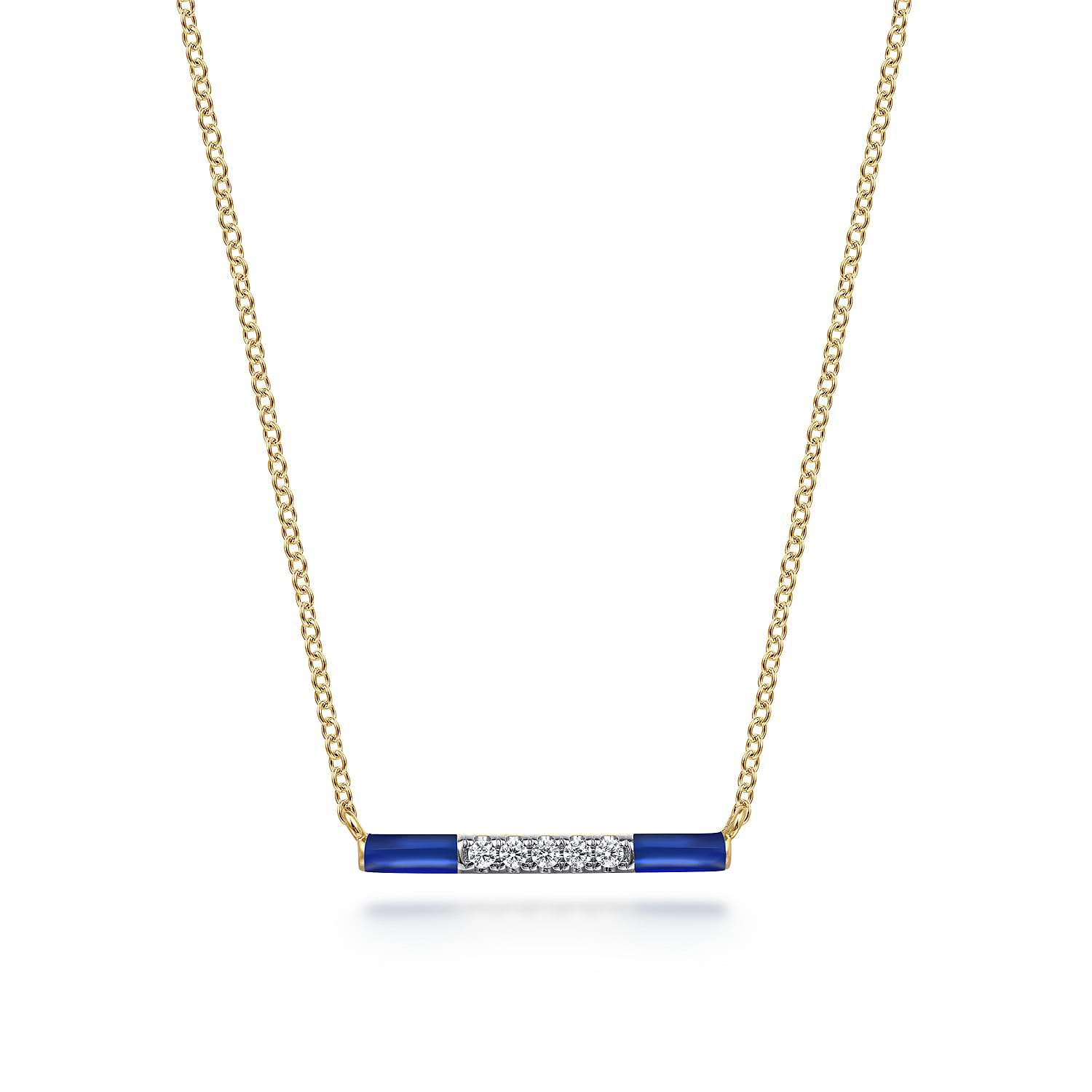 Enamel - 14K Yellow Gold Diamond Bar Necklace with Chrome Blue Enamel - 0.06 ct - Shot 1