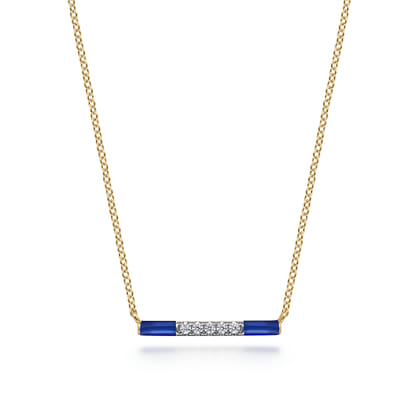 Enamel - 14K Yellow Gold Diamond Bar Necklace with Chrome Blue Enamel