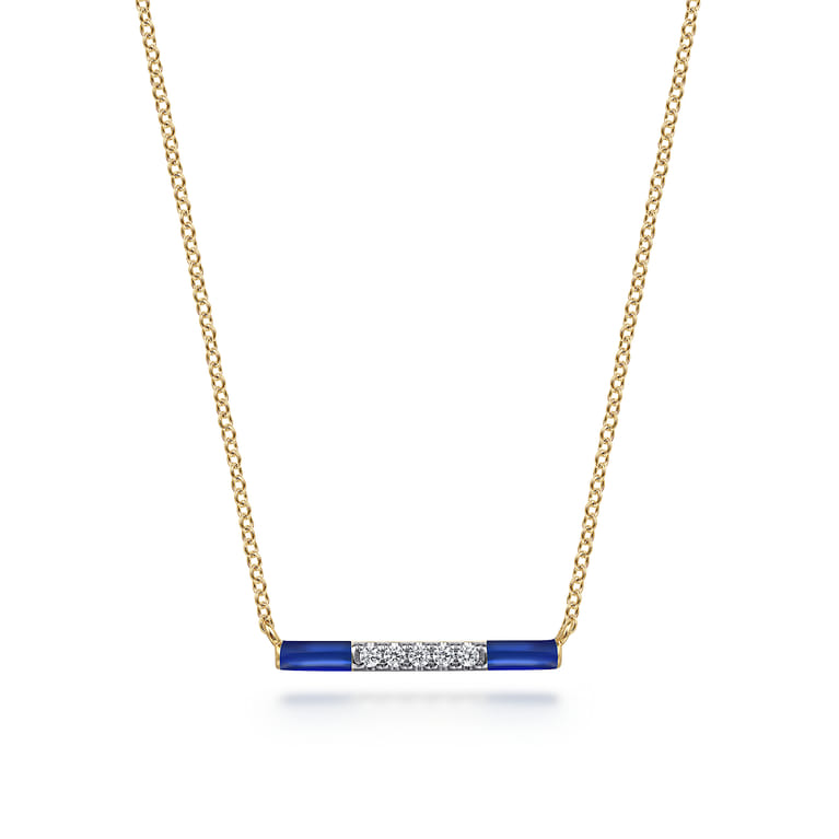 Enamel - 14K Yellow Gold Diamond Bar Necklace with Chrome Blue Enamel - 0.06 ct - Shot 1
