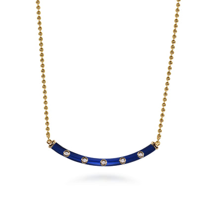 Enamel - 14K Yellow Gold Diamond Bar Necklace with Chrome Blue Enamel
