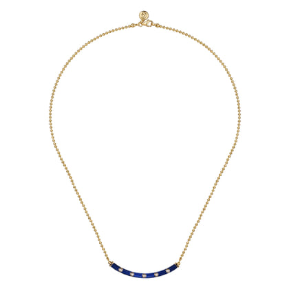 Enamel - 14K Yellow Gold Diamond Bar Necklace with Chrome Blue Enamel