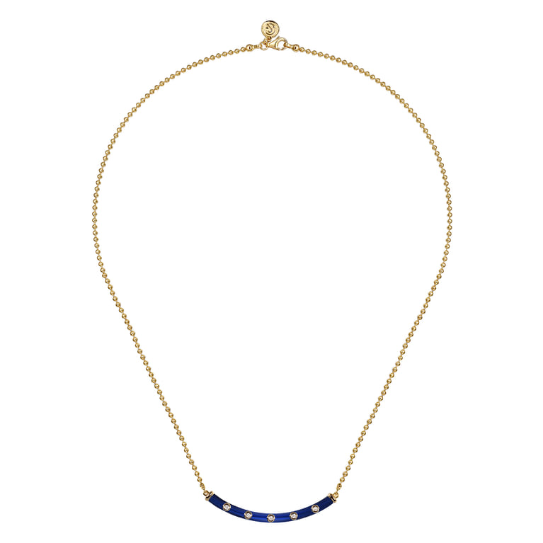 Enamel - 14K Yellow Gold Diamond Bar Necklace with Chrome Blue Enamel - 0.09 ct - Shot 2