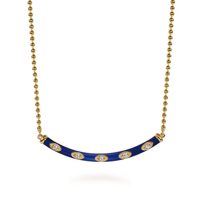 Enamel - 14K Yellow Gold Diamond Bar Necklace with Chrome Blue Enamel
