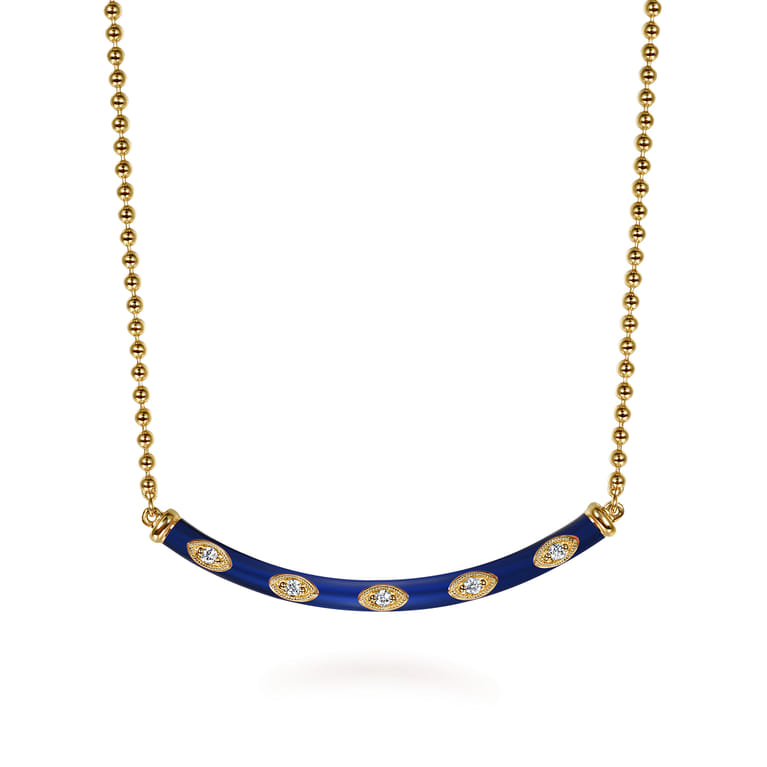 Enamel - 14K Yellow Gold Diamond Bar Necklace with Chrome Blue Enamel - 0.09 ct - Shot 1