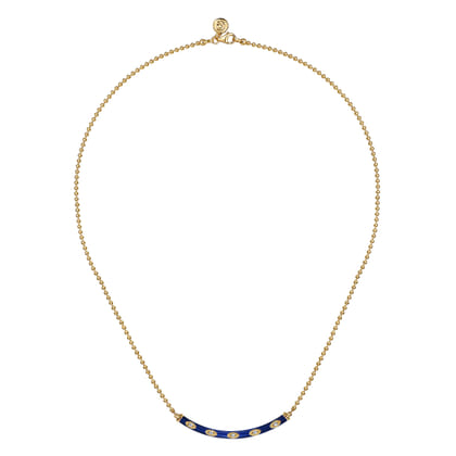 Enamel - 14K Yellow Gold Diamond Bar Necklace with Chrome Blue Enamel