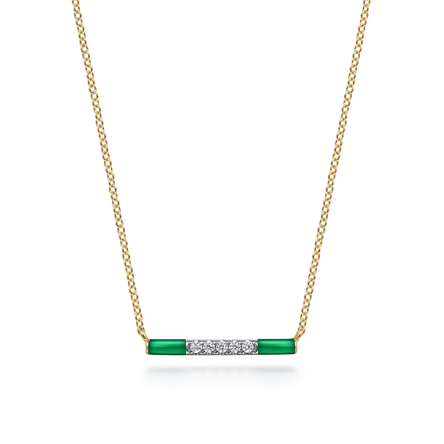 Enamel - 14K Yellow Gold Diamond Bar Necklace with Chrome Green Enamel - 0.06 ct - Shot 1