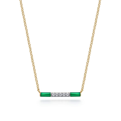 Enamel - 14K Yellow Gold Diamond Bar Necklace with Chrome Green Enamel