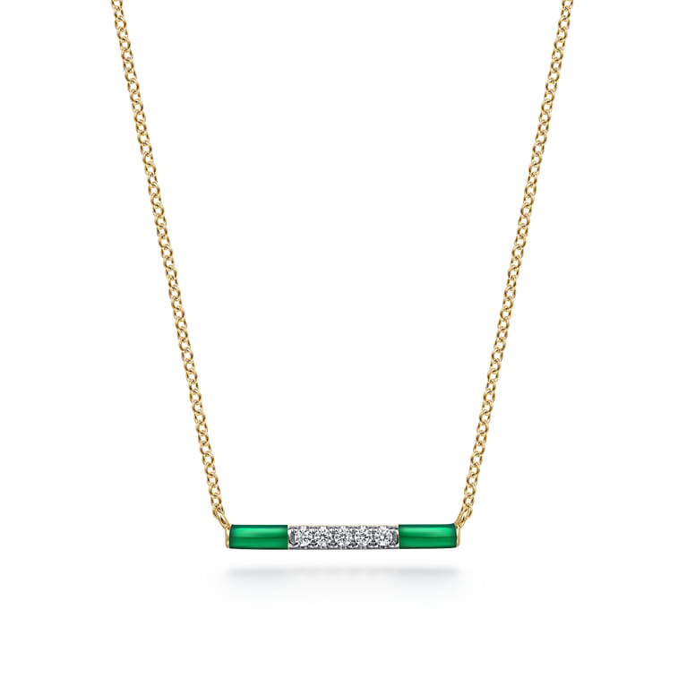 Enamel - 14K Yellow Gold Diamond Bar Necklace with Chrome Green Enamel - 0.06 ct - Shot 1