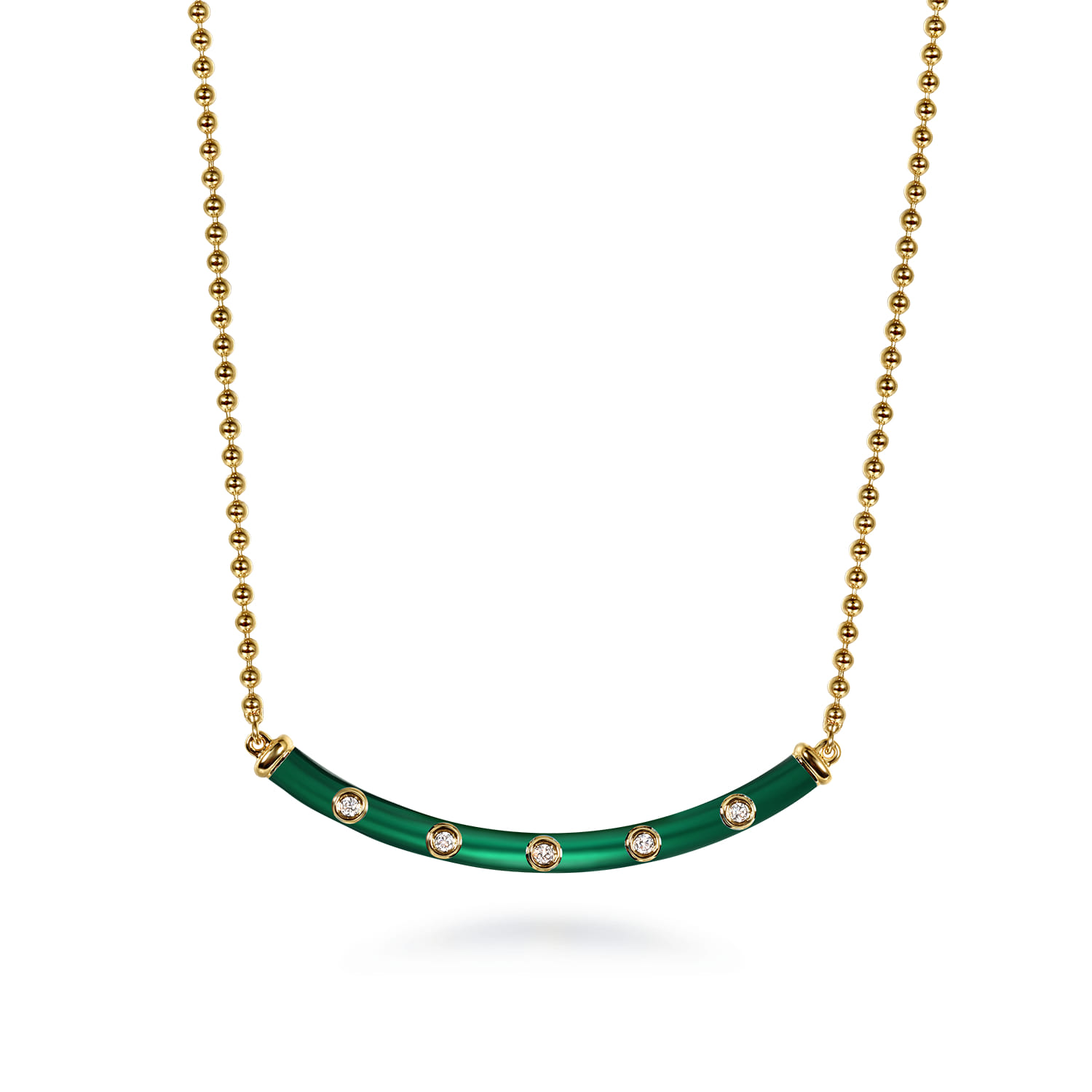 Enamel - 14K Yellow Gold Diamond Bar Necklace with Chrome Green Enamel - 0.09 ct - Shot 1