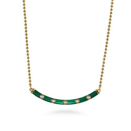 Enamel - 14K Yellow Gold Diamond Bar Necklace with Chrome Green Enamel