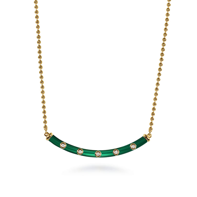 Enamel - 14K Yellow Gold Diamond Bar Necklace with Chrome Green Enamel - 0.09 ct - Shot 1