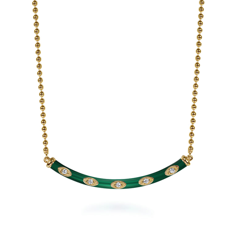 Enamel - 14K Yellow Gold Diamond Bar Necklace with Chrome Green Enamel - 0.09 ct - Shot 1