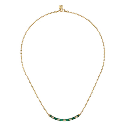 Enamel - 14K Yellow Gold Diamond Bar Necklace with Chrome Green Enamel