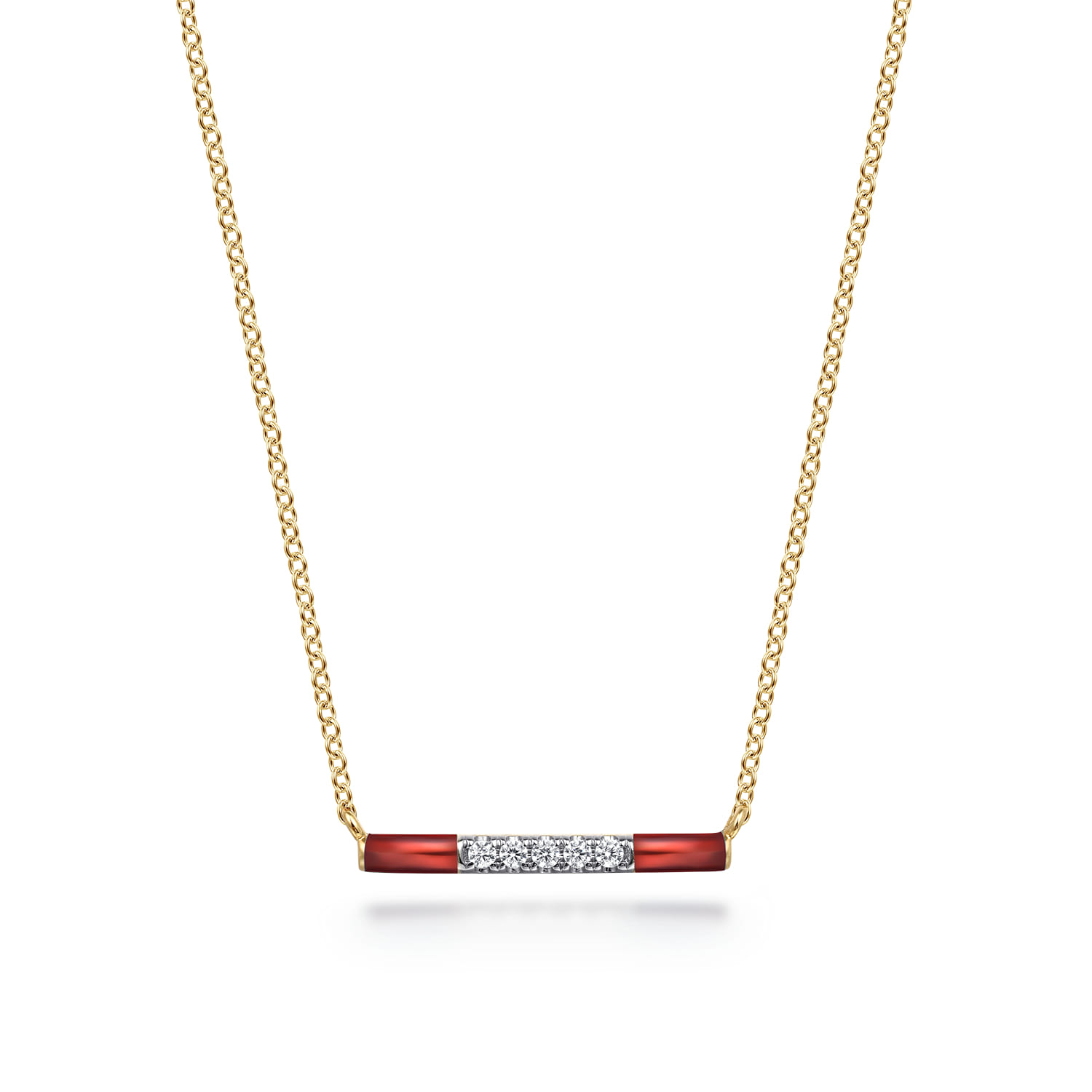 Enamel - 14K Yellow Gold Diamond Bar Necklace with Chrome Red Enamel - 0.06 ct - Shot 1