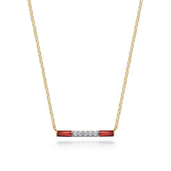 Enamel - 14K Yellow Gold Diamond Bar Necklace with Chrome Red Enamel