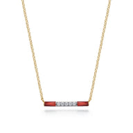 Enamel - 14K Yellow Gold Diamond Bar Necklace with Chrome Red Enamel