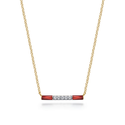 Enamel - 14K Yellow Gold Diamond Bar Necklace with Chrome Red Enamel