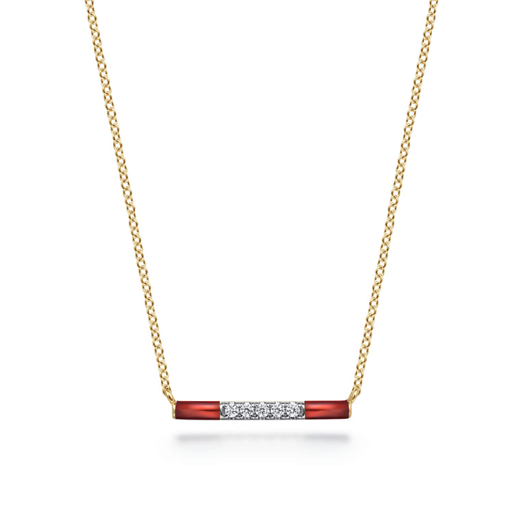 Enamel - 14K Yellow Gold Diamond Bar Necklace with Chrome Red Enamel - 0.06 ct - Shot 1