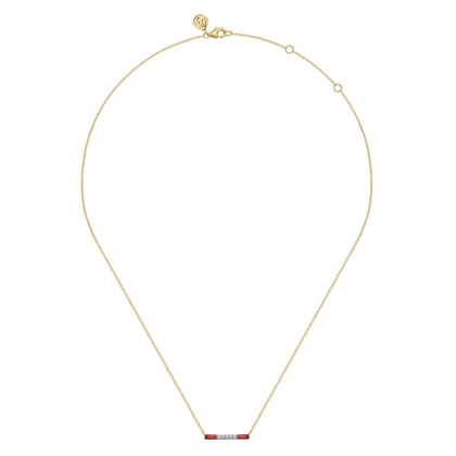 Enamel - 14K Yellow Gold Diamond Bar Necklace with Chrome Red Enamel