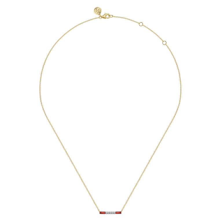 Enamel - 14K Yellow Gold Diamond Bar Necklace with Chrome Red Enamel - 0.06 ct - Shot 2
