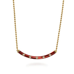 Enamel - 14K Yellow Gold Diamond Bar Necklace with Chrome Red Enamel