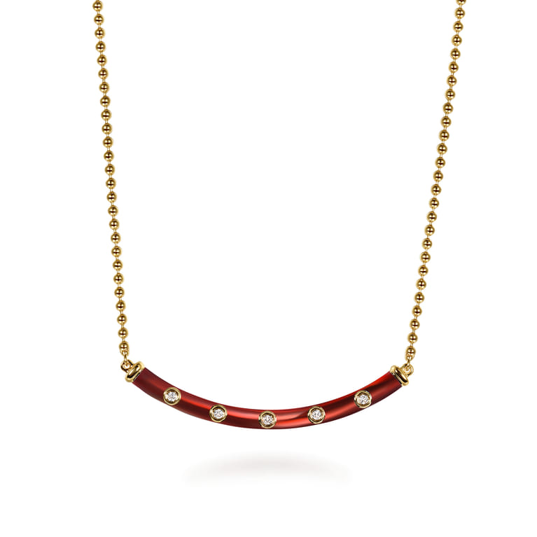 Enamel - 14K Yellow Gold Diamond Bar Necklace with Chrome Red Enamel - 0.09 ct - Shot 1