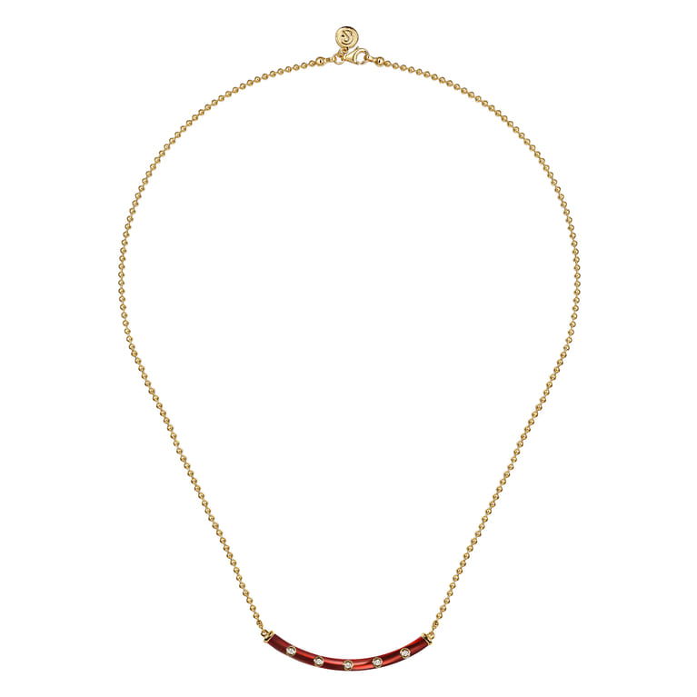 Enamel - 14K Yellow Gold Diamond Bar Necklace with Chrome Red Enamel - 0.09 ct - Shot 2