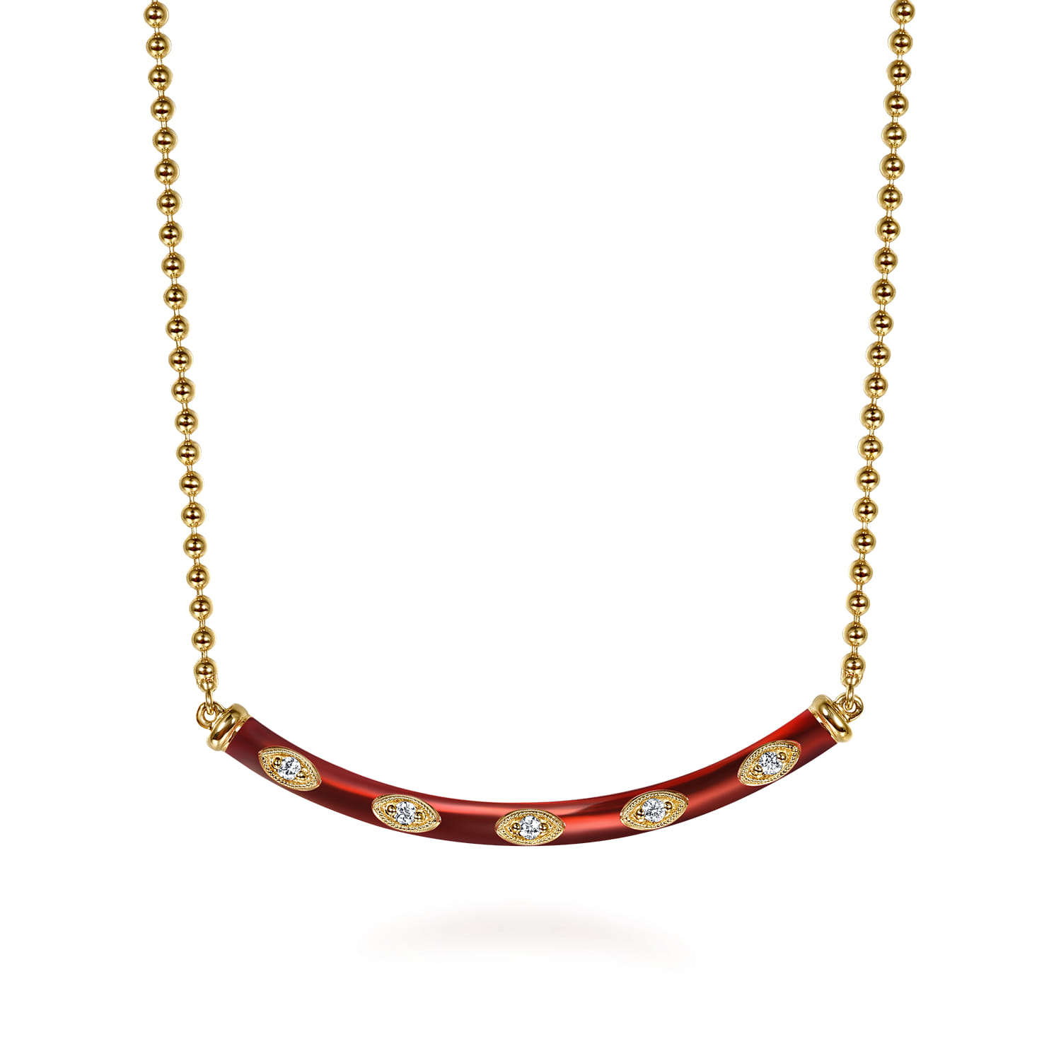 Enamel - 14K Yellow Gold Diamond Bar Necklace with Chrome Red Enamel - 0.09 ct - Shot 1