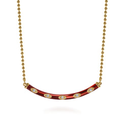 Enamel - 14K Yellow Gold Diamond Bar Necklace with Chrome Red Enamel