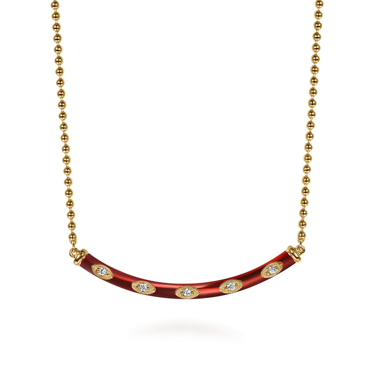 Enamel - 14K Yellow Gold Diamond Bar Necklace with Chrome Red Enamel - 0.09 ct - Shot 1