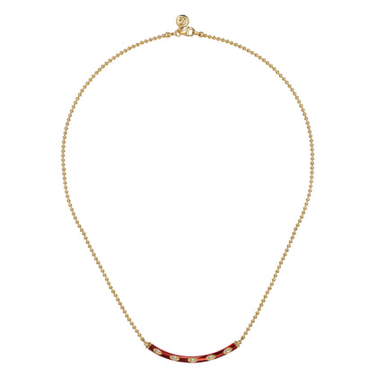 Enamel - 14K Yellow Gold Diamond Bar Necklace with Chrome Red Enamel
