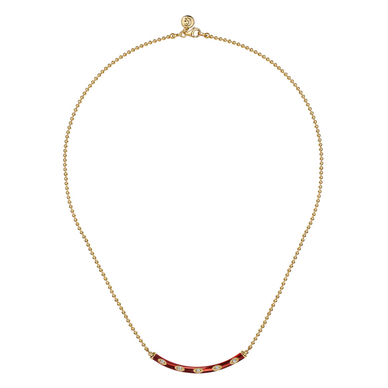 Enamel - 14K Yellow Gold Diamond Bar Necklace with Chrome Red Enamel - 0.09 ct - Shot 2