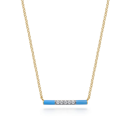 Enamel - 14K Yellow Gold Diamond Bar Necklace with Dusk Blue Enamel
