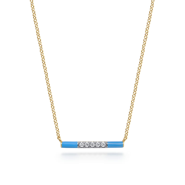 Enamel - 14K Yellow Gold Diamond Bar Necklace with Dusk Blue Enamel - 0.06 ct - Shot 1