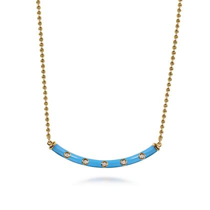 Enamel - 14K Yellow Gold Diamond Bar Necklace with Dusk Blue Enamel