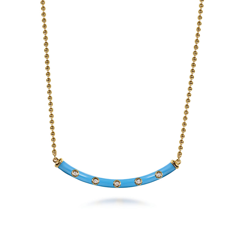 Enamel - 14K Yellow Gold Diamond Bar Necklace with Dusk Blue Enamel - 0.09 ct - Shot 1