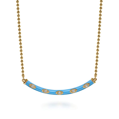 Enamel - 14K Yellow Gold Diamond Bar Necklace with Dusk Blue Enamel