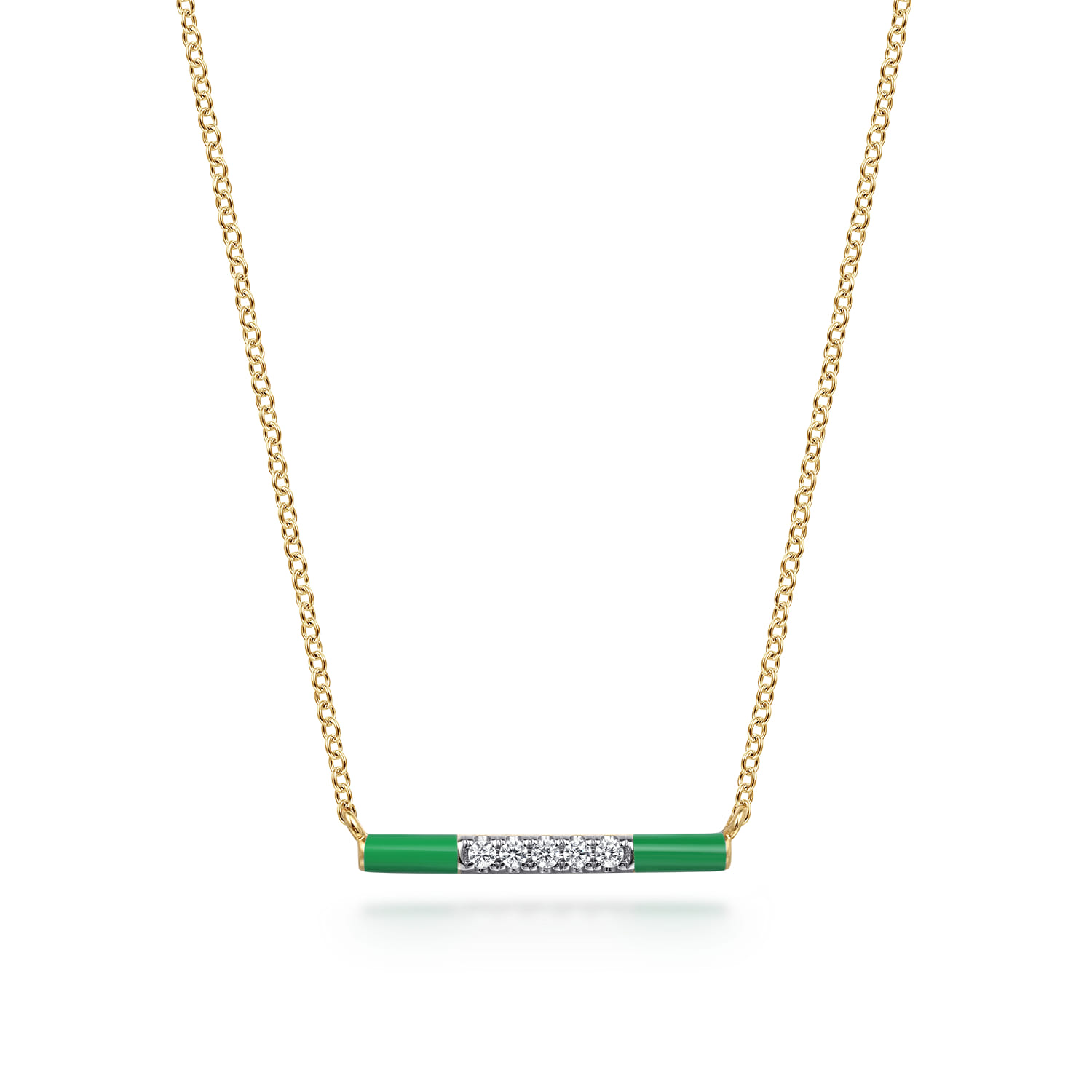 Enamel - 14K Yellow Gold Diamond Bar Necklace with Emerald Green Enamel - 0.06 ct - Shot 1