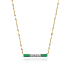 Enamel - 14K Yellow Gold Diamond Bar Necklace with Emerald Green Enamel
