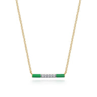 Enamel - 14K Yellow Gold Diamond Bar Necklace with Emerald Green Enamel