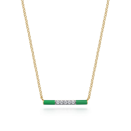 Enamel - 14K Yellow Gold Diamond Bar Necklace with Emerald Green Enamel