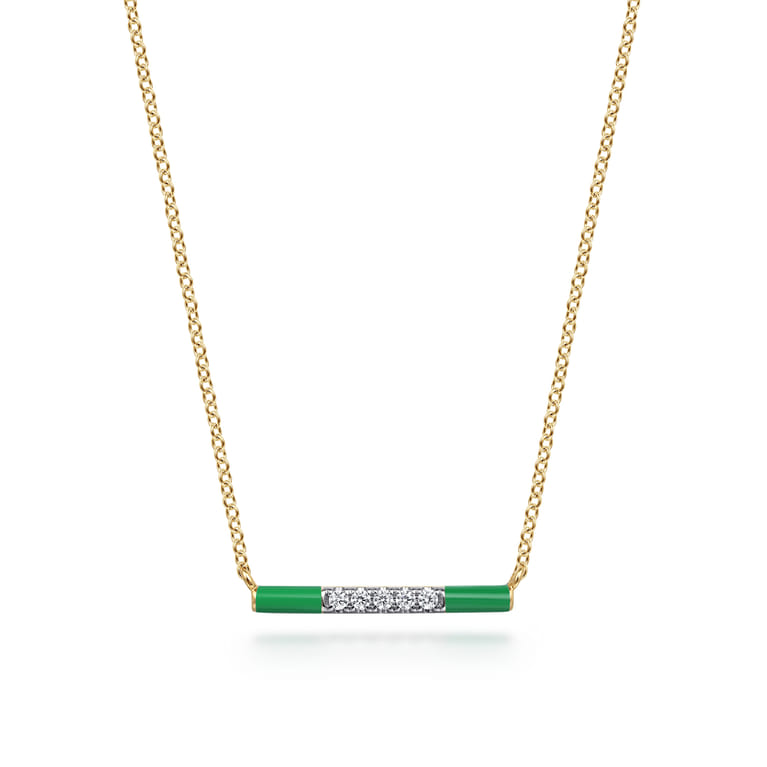 Enamel - 14K Yellow Gold Diamond Bar Necklace with Emerald Green Enamel - 0.06 ct - Shot 1