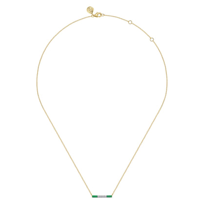 Enamel - 14K Yellow Gold Diamond Bar Necklace with Emerald Green Enamel