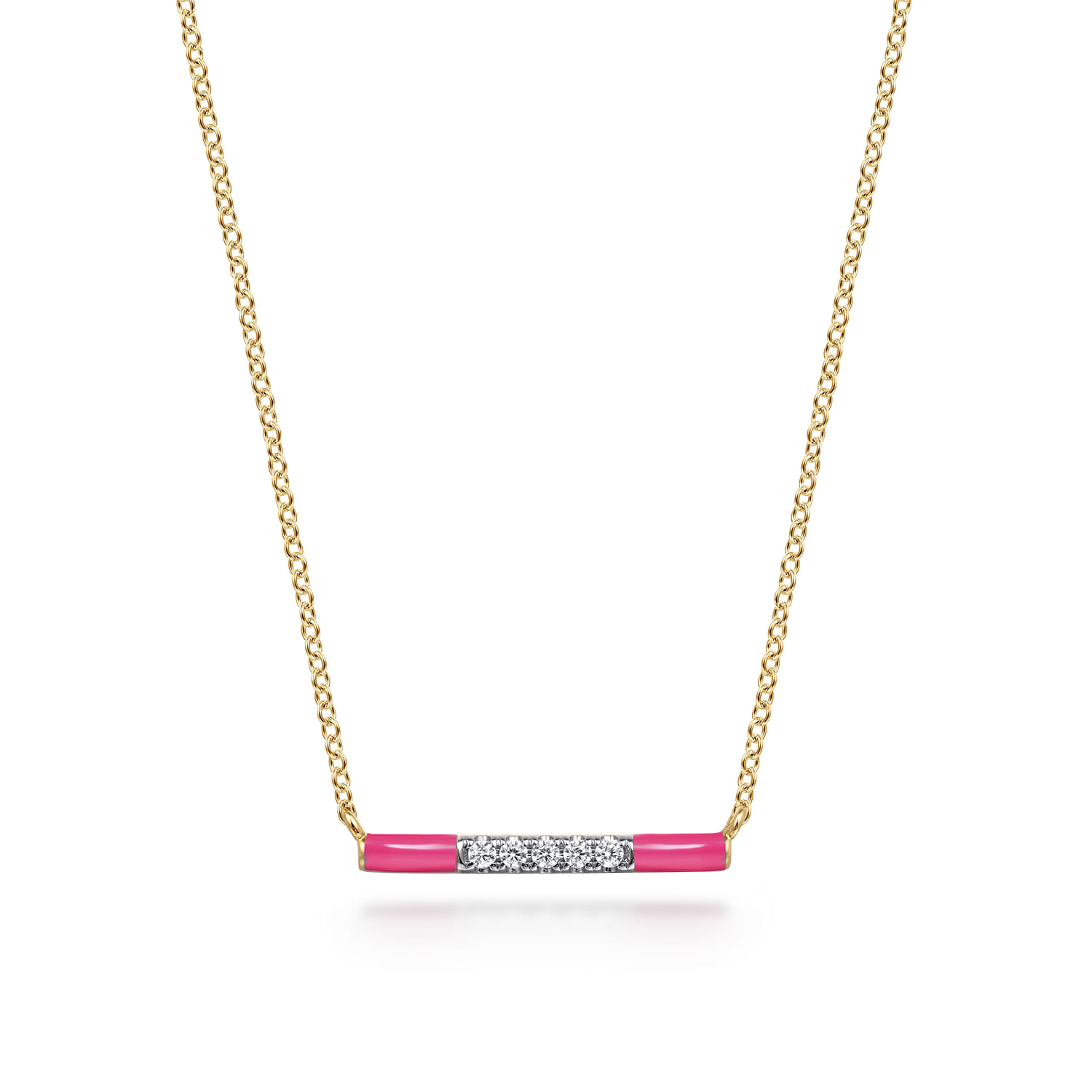 Enamel - 14K Yellow Gold Diamond Bar Necklace with Fuchsia Enamel - 0.06 ct - Shot 1