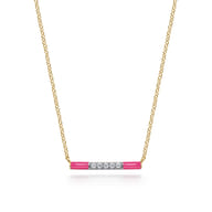 Enamel - 14K Yellow Gold Diamond Bar Necklace with Fuchsia Enamel
