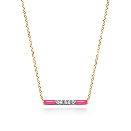 Enamel - 14K Yellow Gold Diamond Bar Necklace with Fuchsia Enamel