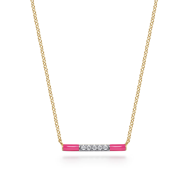 Enamel - 14K Yellow Gold Diamond Bar Necklace with Fuchsia Enamel - 0.06 ct - Shot 1