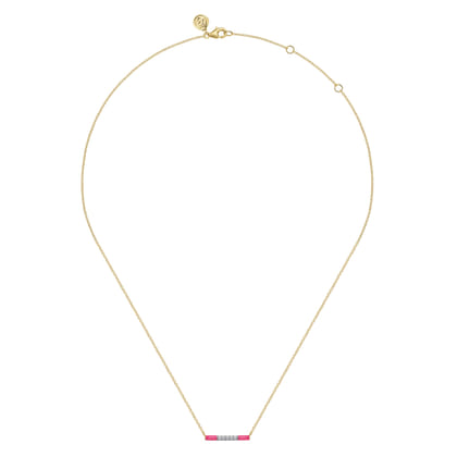 Enamel - 14K Yellow Gold Diamond Bar Necklace with Fuchsia Enamel