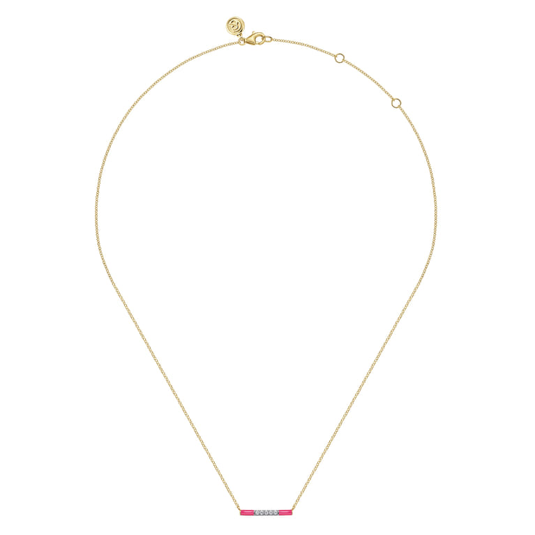 Enamel - 14K Yellow Gold Diamond Bar Necklace with Fuchsia Enamel - 0.06 ct - Shot 2