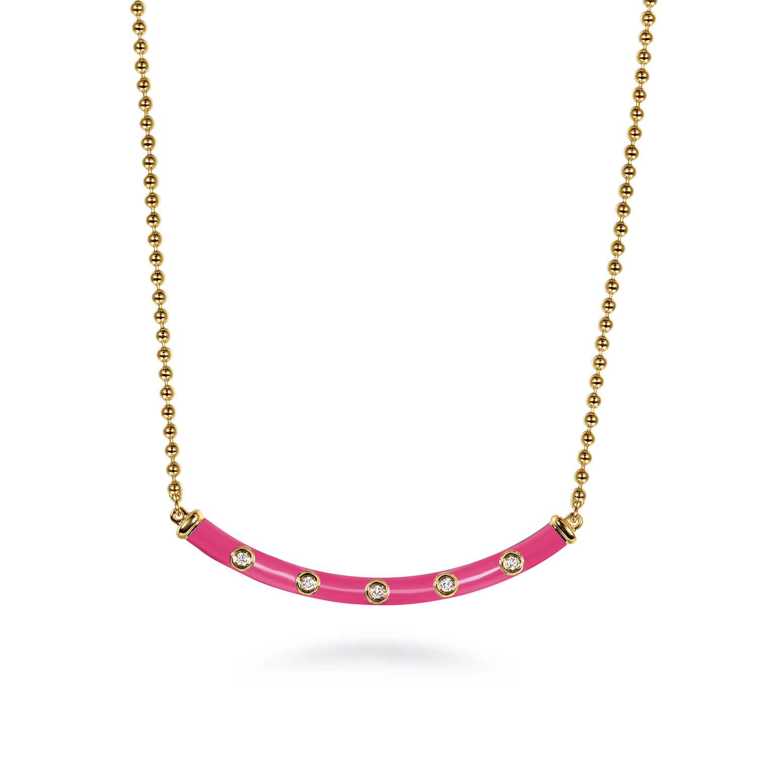 Enamel - 14K Yellow Gold Diamond Bar Necklace with Fuchsia Enamel - 0.09 ct - Shot 1